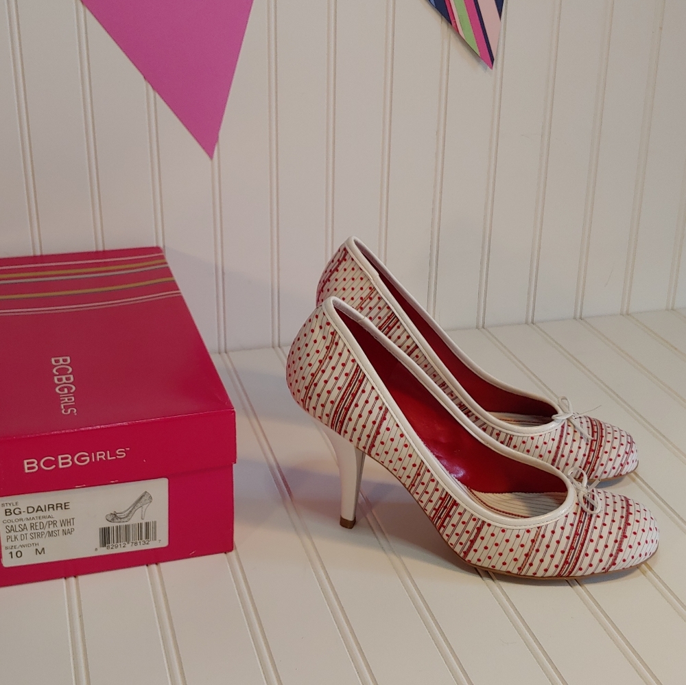 BCBGirls Dairre White and Red Polka Dot Stripe Heels size 10
